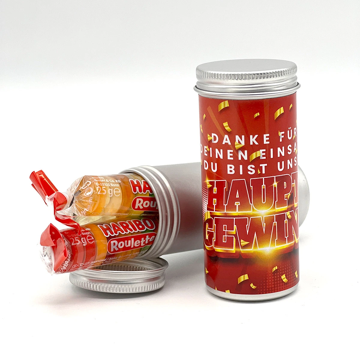 Geschenkdose 'Hauptgewinn' - Haribo Roulette | Mitarbeitergeschenke 1 Geschenkdose 'Hauptgewinn' - Haribo Roulette | Mitarbeitergeschenke