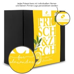 Frisch & Zisch - Premium Geschenkset für Mitarbeiter | Ideales Mitarbeitergeschenk -Snack Verkäufe 2024 mockup geschenkset frisch und zisch Lupe 81357