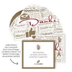 Geschenkpaket 'Danke International' - Manner | Mitarbeitergeschenke für besondere Anlässe -Snack Verkäufe 2024 montage Lotus Ganzjahr Danke Einleger 84216