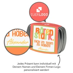 Geschenkdose 'Bärenstark' - Haribo Goldbären Mini | Mitarbeitergeschenke -Snack Verkäufe 2024 montage dose M goldbaeren Lupe 84202