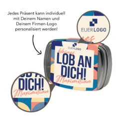 Geschenkdose 'Kleines Lob An Dich' - Manner Mini | Mitarbeitergeschenke -Snack Verkäufe 2024 montage dose M kleines Lob manner Lupe 88486